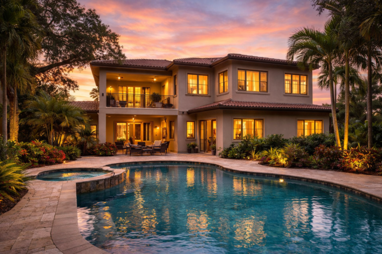 Luxury single-family home in Davie Florida with screened pool at sunset, representing what $600k can buy in Davie.