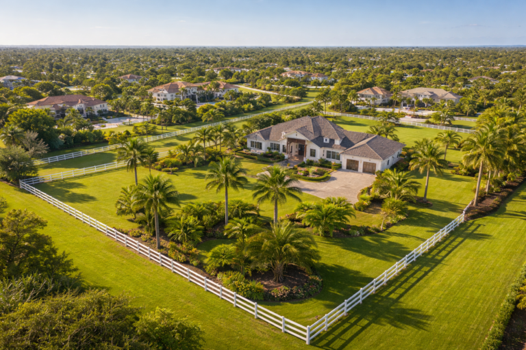 Aerial view of a Davie Florida luxury neighborhood with large lots and horse fences for people moving to Davie Florida.