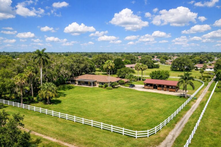 Davie Florida acreage property with horse stables white wooden ranch fence and large lot under live oak canopy where buyers find no HOA properties 2026