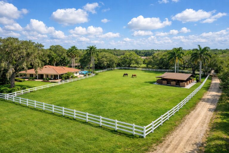 Davie Florida horse property with white wooden ranch fencing horse stables and bridle path under live oak canopy 2026 equestrian buyer guide
