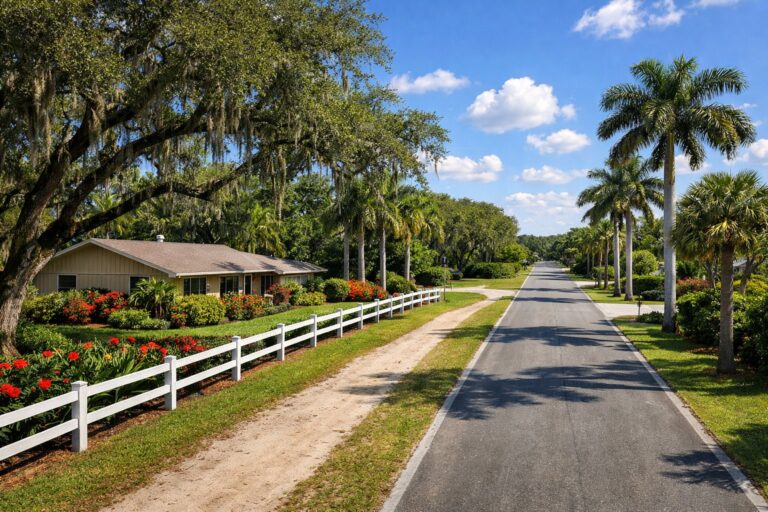 Davie Florida residential street under live oak canopy where home sellers pay Florida doc stamps at closing in 2026