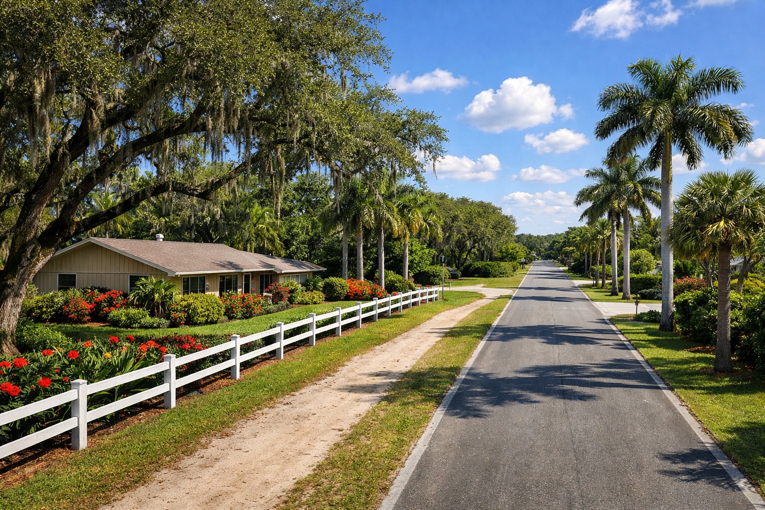 Davie Florida residential street under live oak canopy where home sellers pay Florida doc stamps at closing in 2026