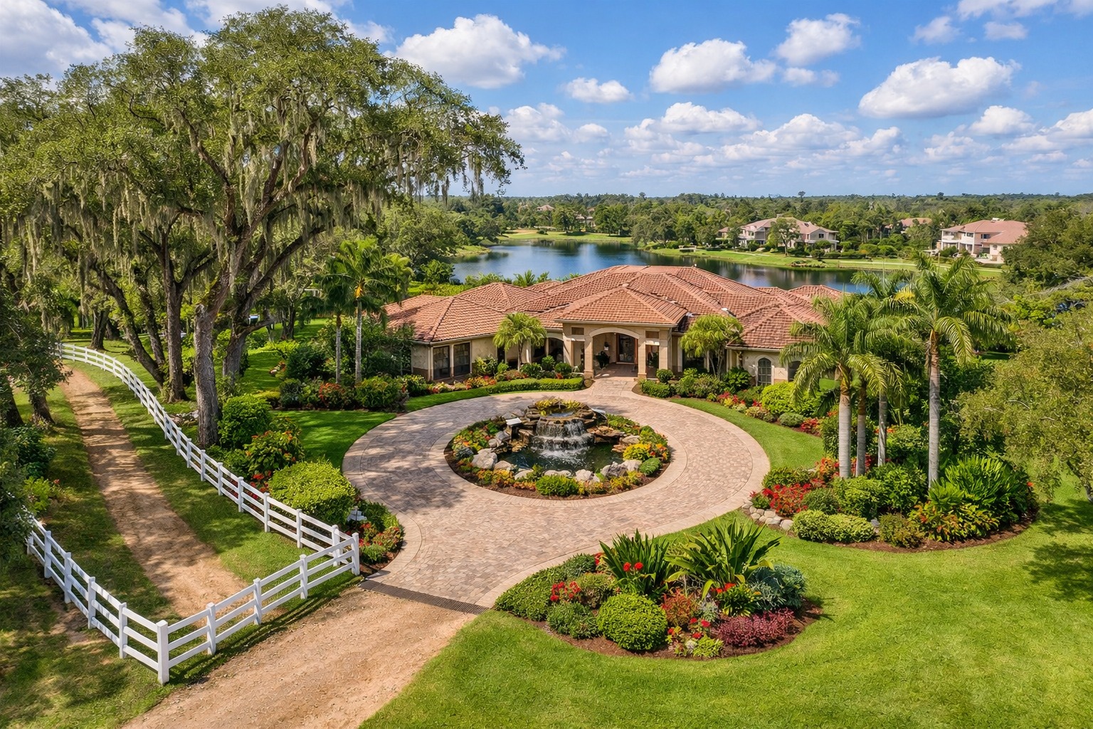 Long Lake Ranches Davie luxury equestrian estate with white wooden ranch fencing live oak canopy and palm trees on a 1 acre lot 2026