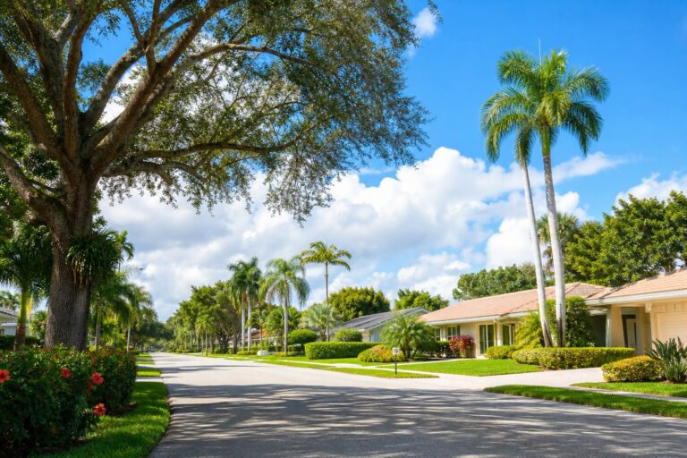 Davie Florida residential street with Florida traditional ranch style home