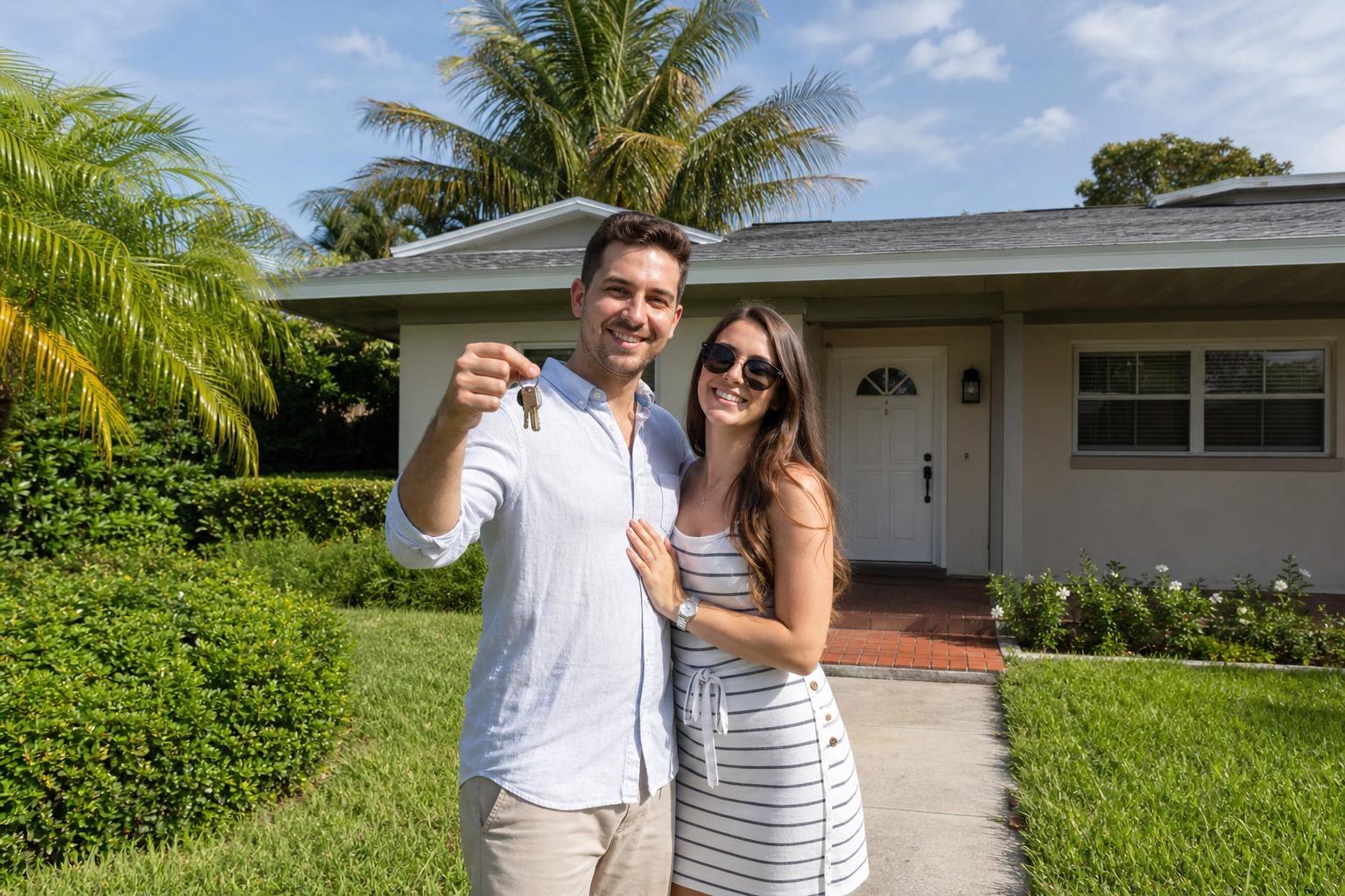 First time home buyers holding keys on the front walkway of a single family home in a Davie Florida suburban neighborhood