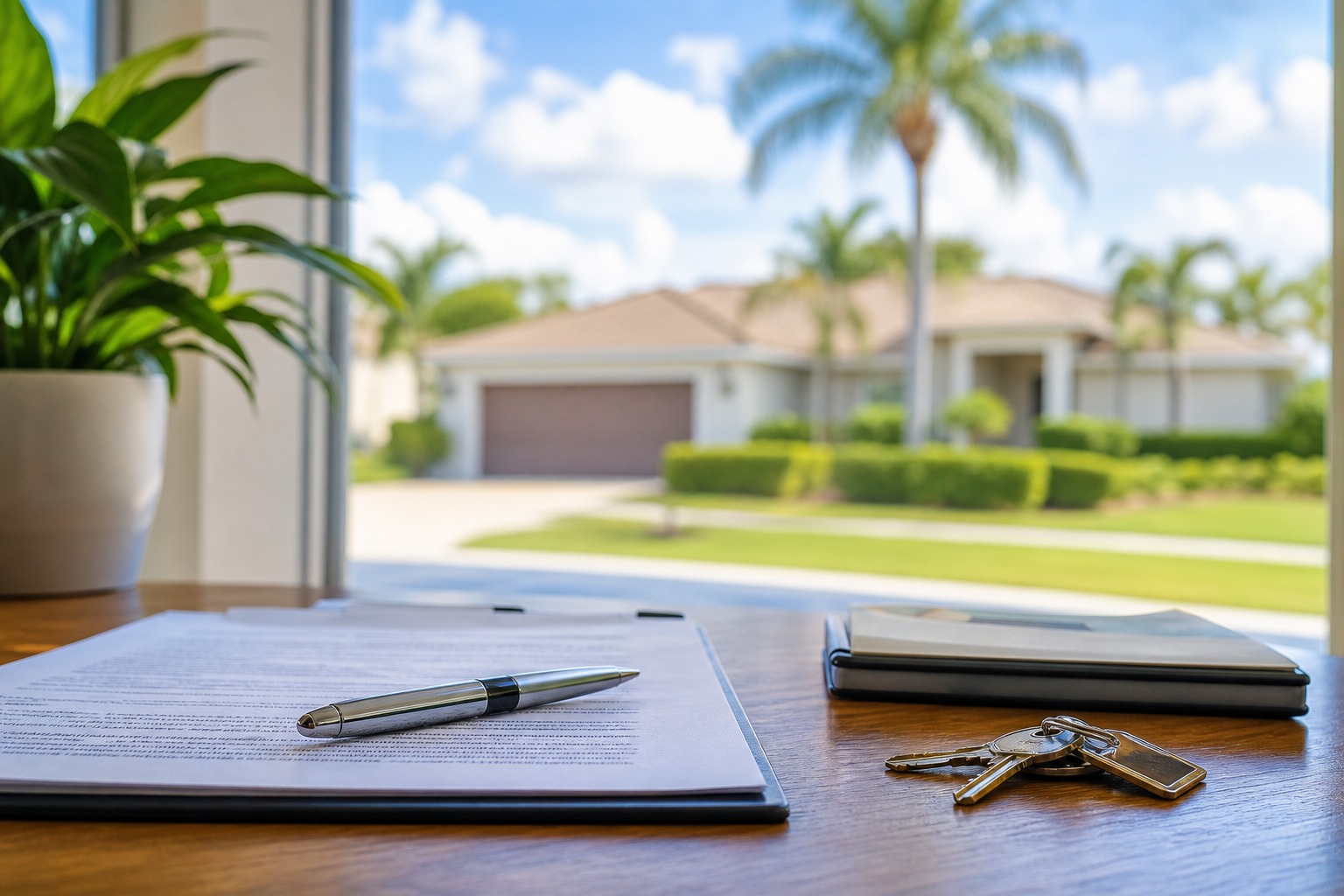 davie florida earnest money deposit 1 A buyer signing a residential purchase contract at a title company desk in Davie Florida on a sunny 2026 day with a single family home visible through the window