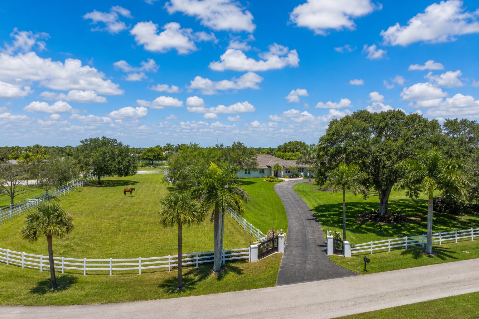 Sunshine Ranches Southwest Ranches FL equestrian acreage estate with white fencing, a horse paddock, mature oaks, and a ranch style home near the Davie line in 2026