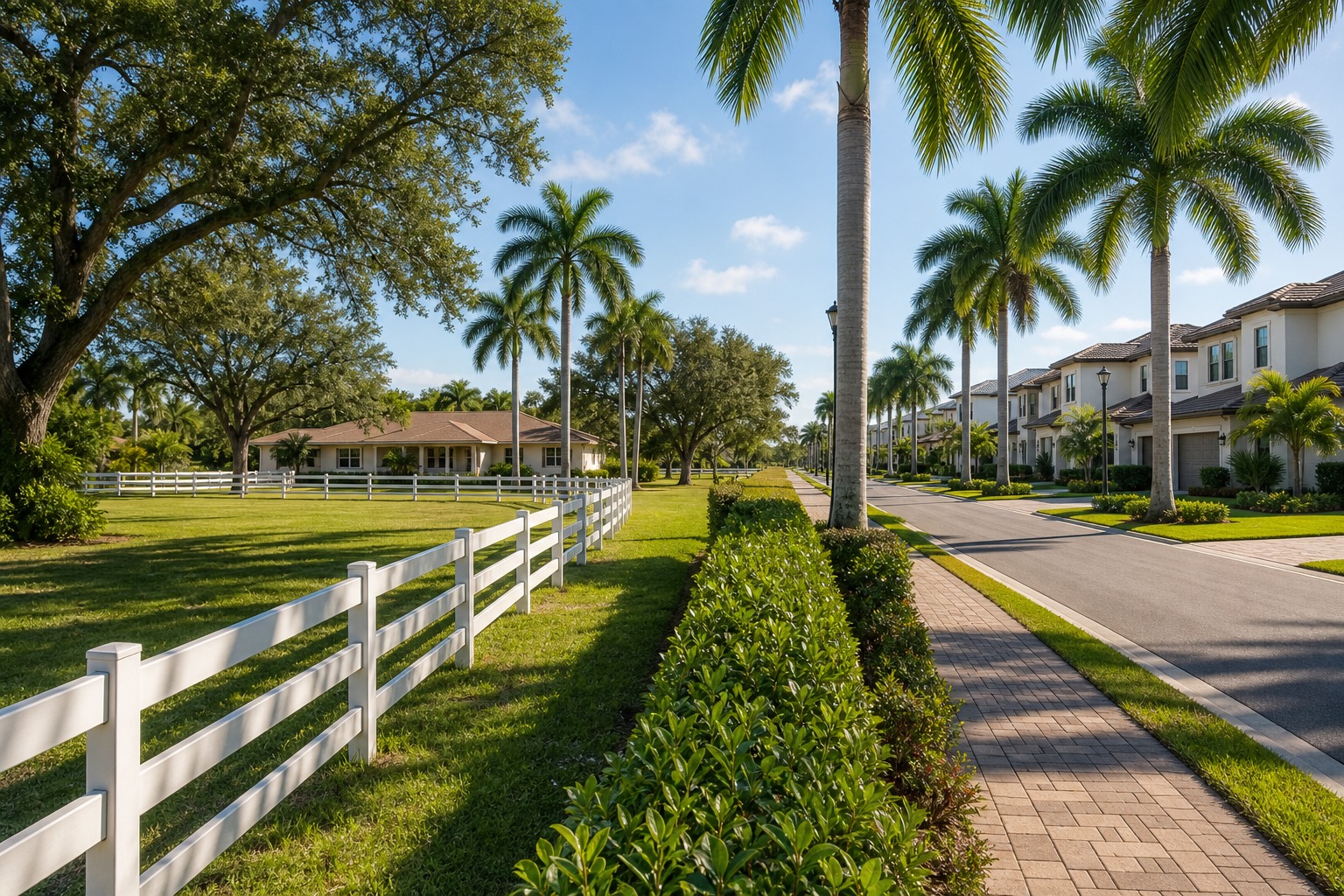davie florida acreage no hoa vs hoa cost comparison Split view of a no HOA acreage home with white equestrian fencing and a gated HOA community street in Davie Florida