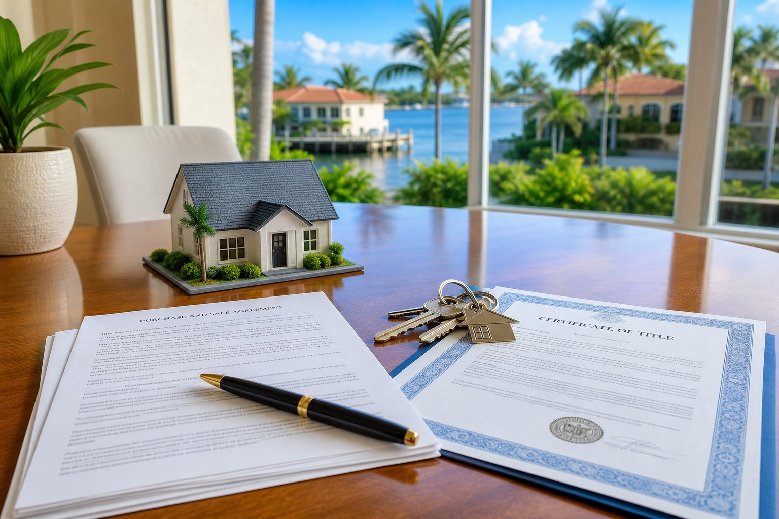 Closing table in Davie Florida with title insurance documents and house keys