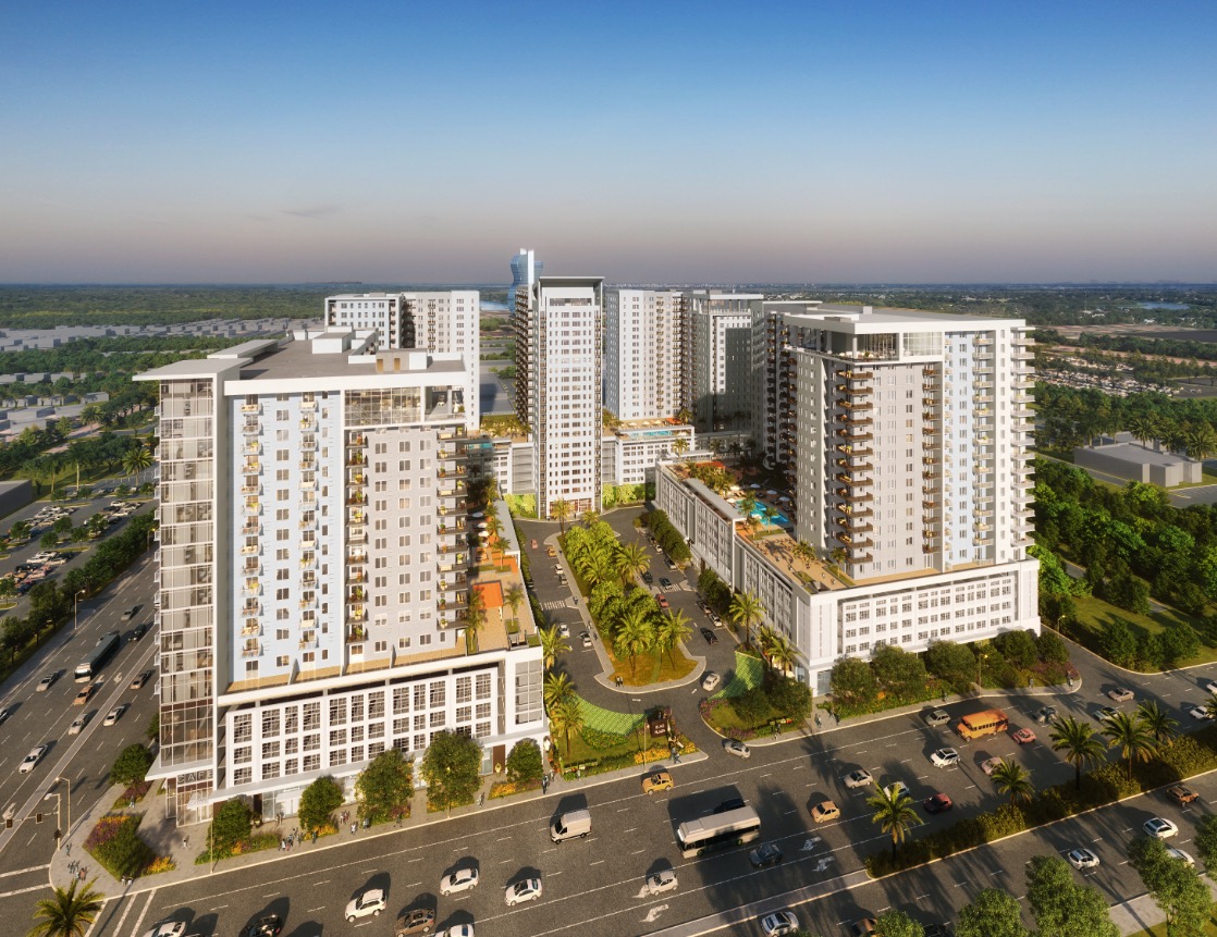 Aerial rendering of The District in Davie development at Griffin Road and 441 with five residential towers 2026