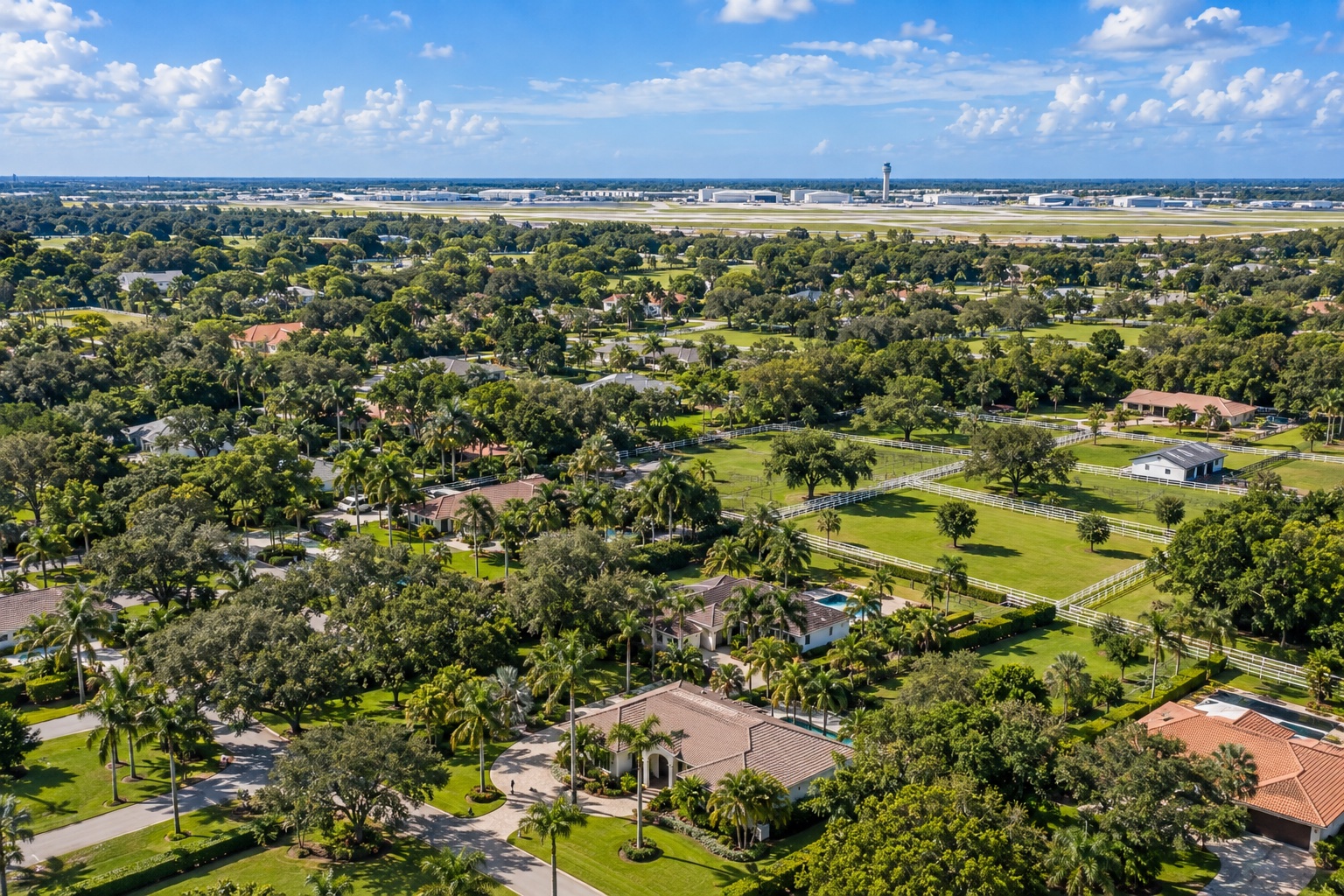 Fort Lauderdale-Hollywood International Airport near Davie Florida with suburban Davie neighborhoods and palm and oak canopy in the foreground relevant to closest airport to Davie FL