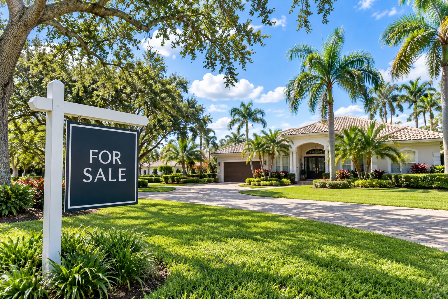 For Sale sign in the front yard of a single family home on a residential street in Davie, Florida