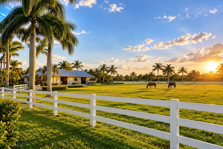 South Florida horse pasture with white board fence, barn, and palm trees on flat Broward County acreage at golden hour