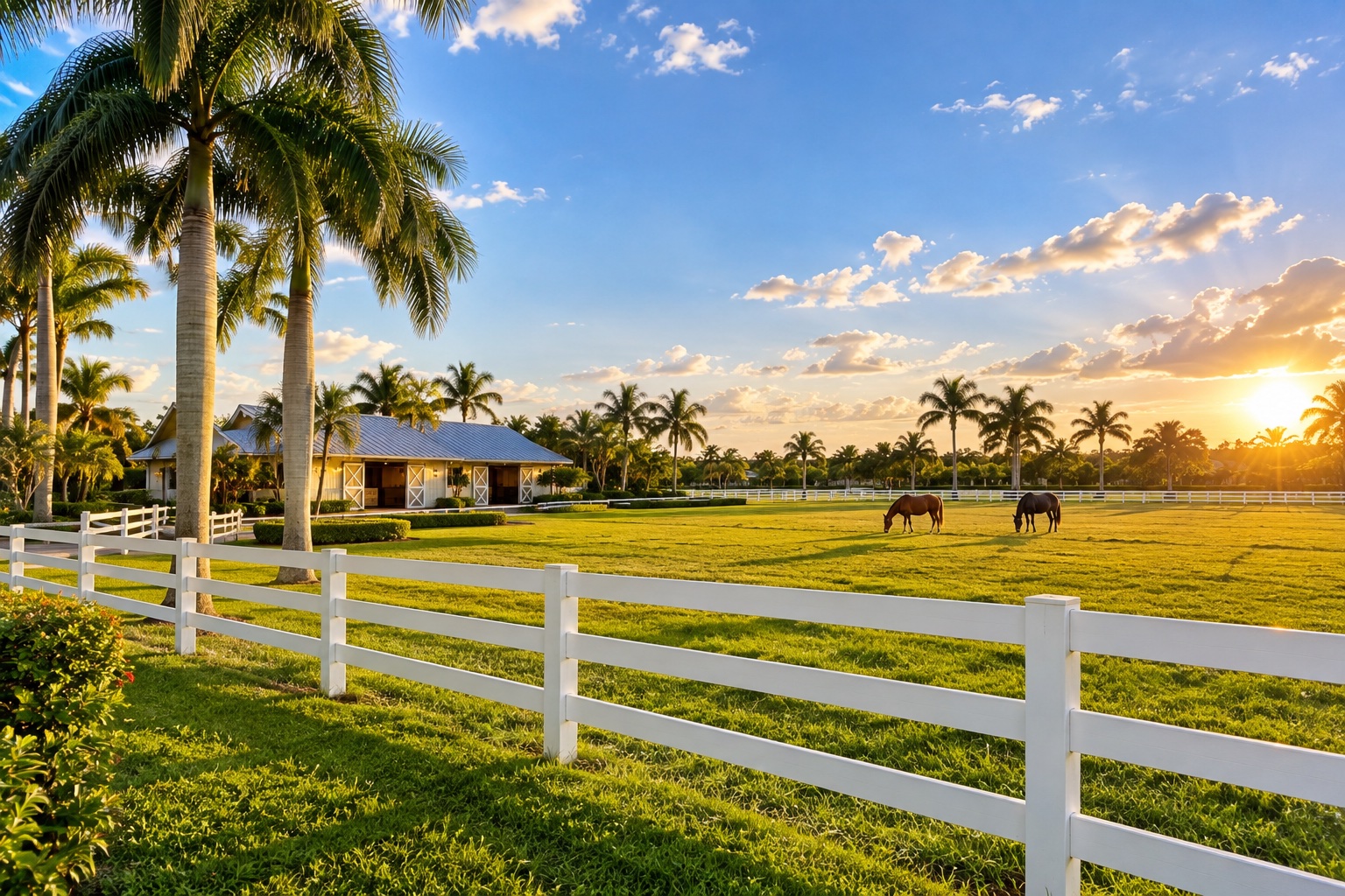 South Florida horse pasture with white board fence, barn, and palm trees on flat Broward County acreage at golden hour