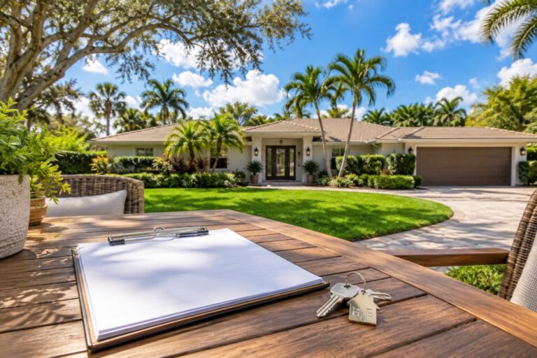 Davie Florida single family home with closing paperwork and house keys on a patio table, representing homeowners insurance before closing