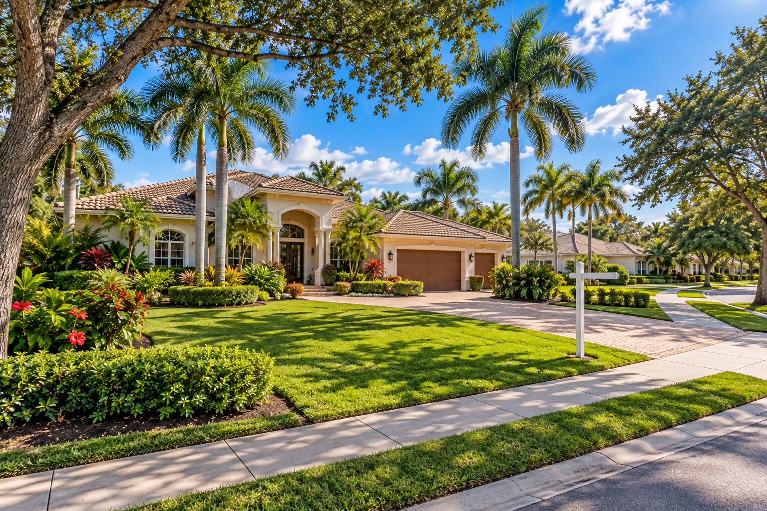 Single family home exterior in Davie, Florida with a blank real estate sign in the front yard