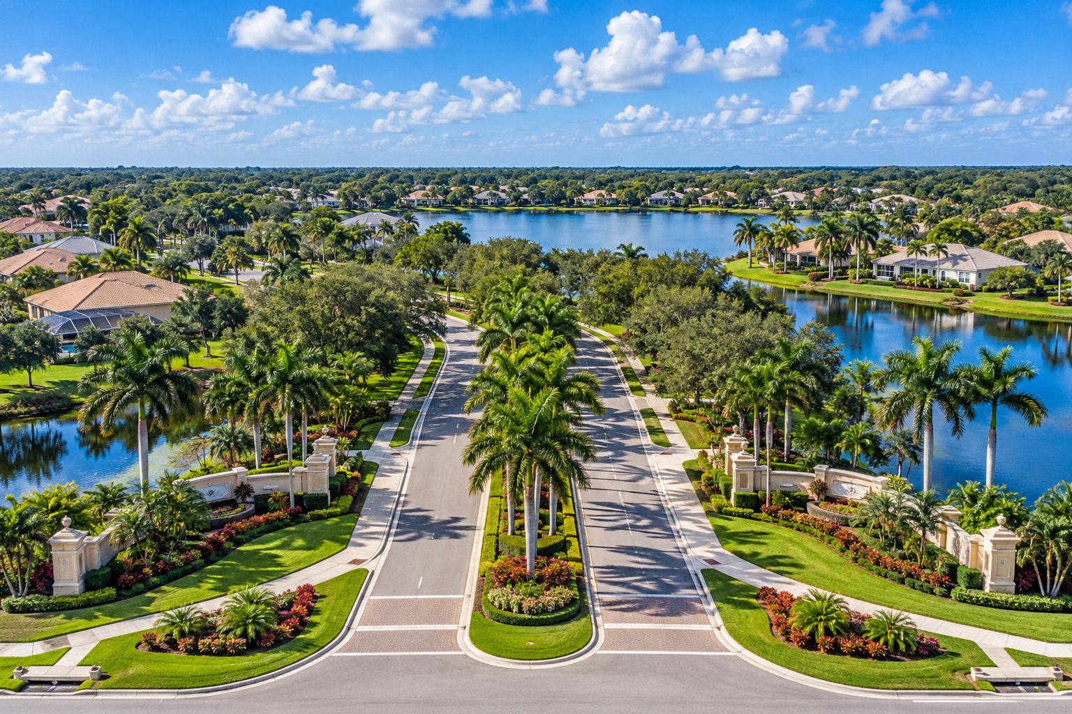 Landscaped gated community entrance with royal palms and oaks in Weston Florida near Davie