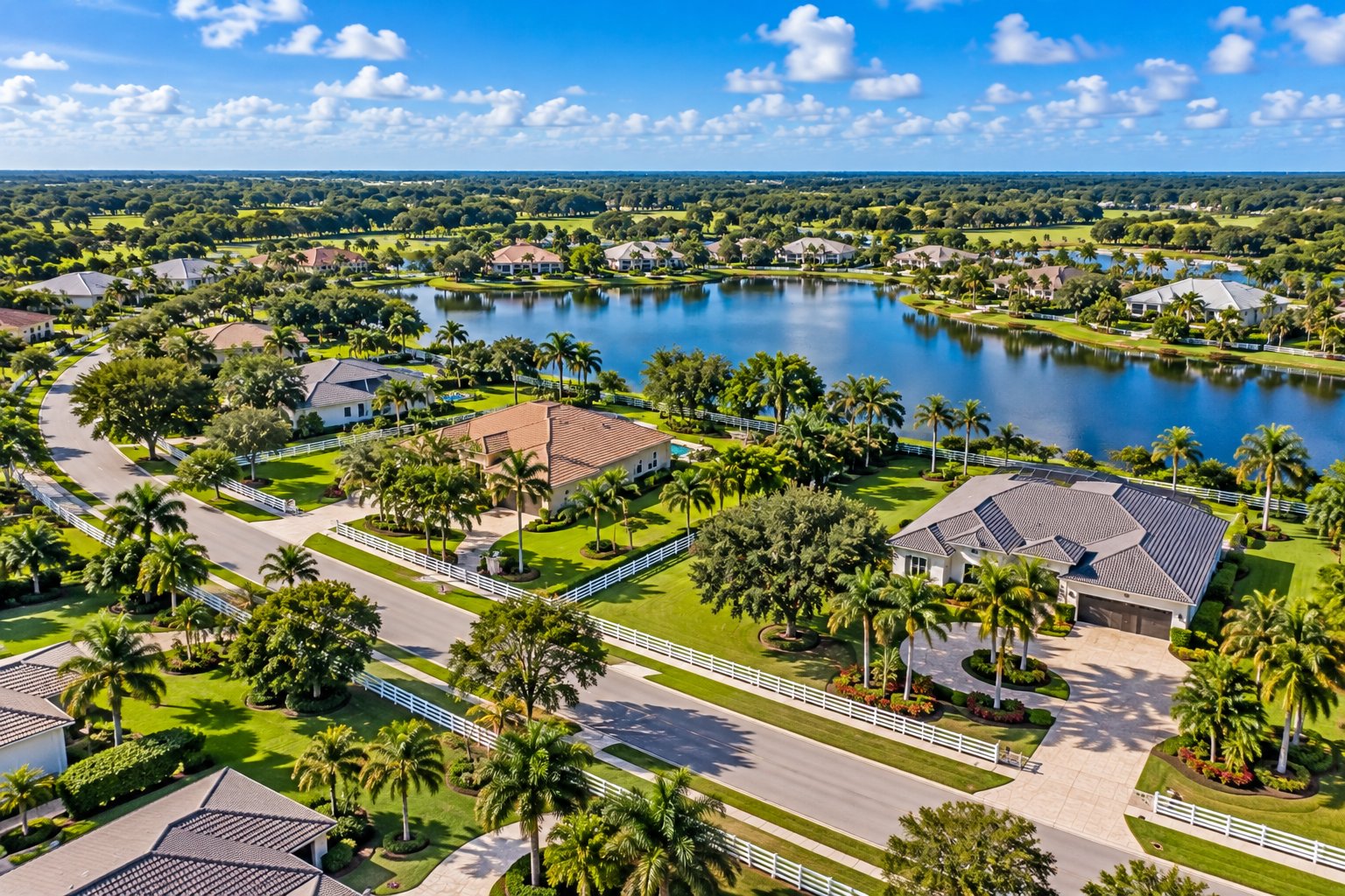 Aerial view of new construction single family homes in Davie Florida with ranch style architecture palm and oak canopy and a community lake 2026